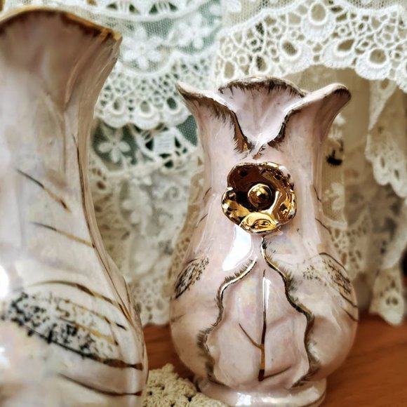 Vintage MCM Betson Pottery Hand Painted Planter & Taper Candle Holders Pink/Gold - Picture 5 of 16